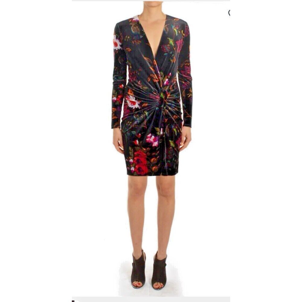 Black Halo Women Abina Literature Size 0 Sheath Black Floral Dress Velvet Ruched